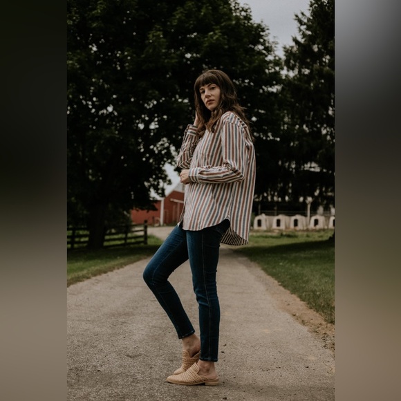 Sézane Max Shirt in Blue Ecru Burgundy Stripes FR 42 / US 10 - Picture 10 of 16